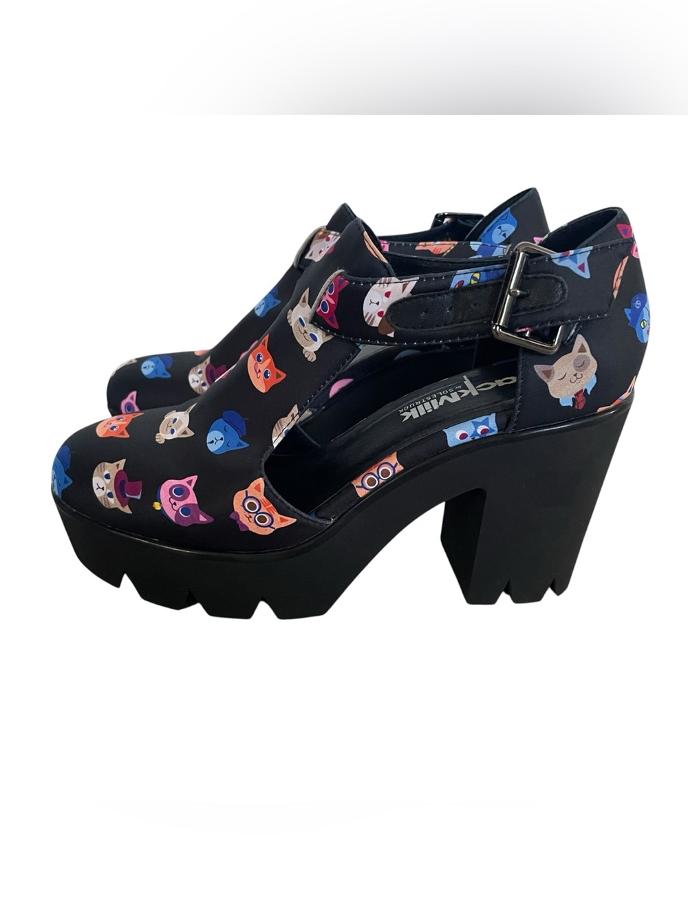 BlackMilk Solestruck Madeleine Whos That Cat Black Platform Heels Women Size 8